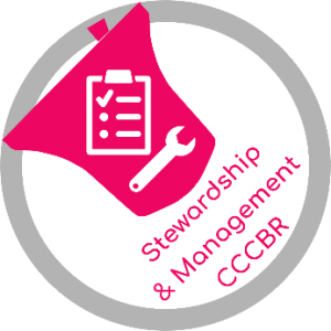 logo for the Stewardship and Management Workgroup featureing a pink bell with a clipboard and wrench