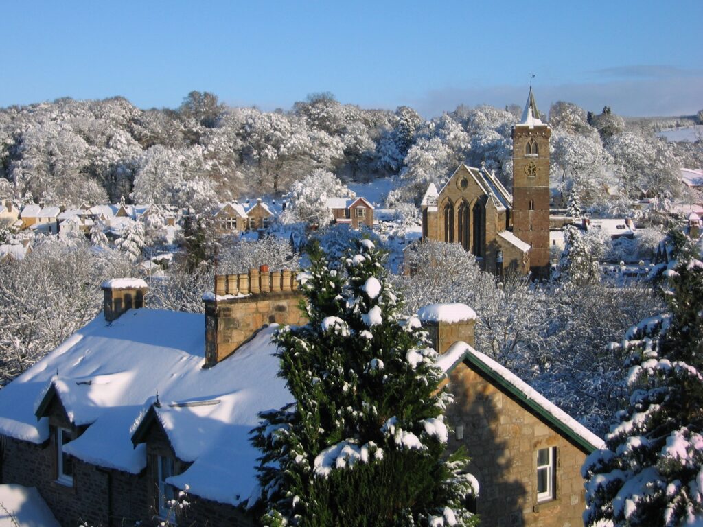 Dunblane Cathedral and Holme Hill taken from the West on a sunny winter day in December 2010.