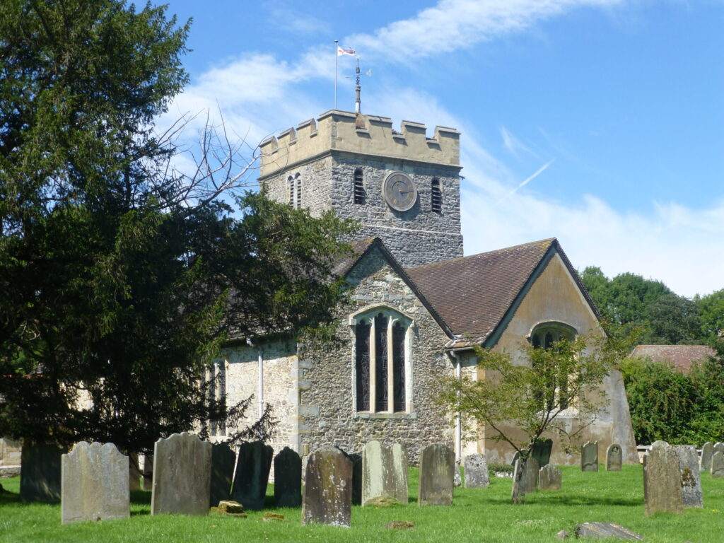 Ring of 6 at St Nicholas, Charlwood, Surrey, High summer with ancient yew, August 2017