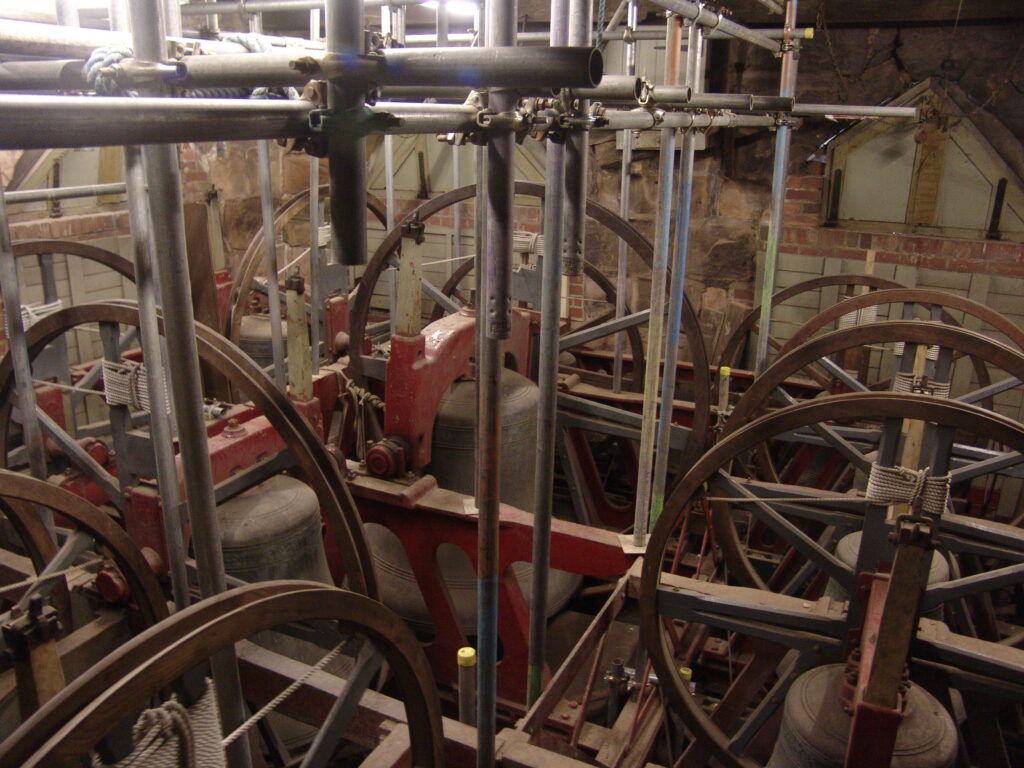 Scaffolding surrounding the 12 bells of Rotherham Minster