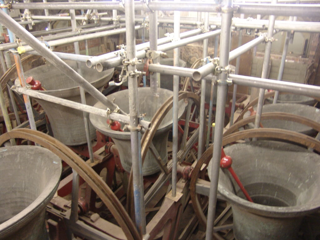 Scaffolding surrounding the 12 bells of Rotherham Minster