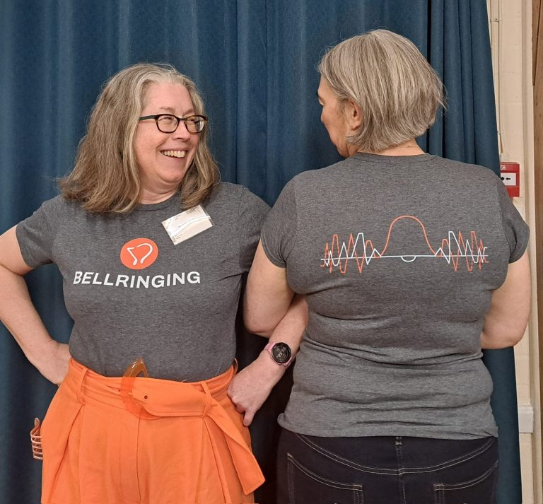 Tina and Vicki displaying some exclusive fashion using the new bellringing logo