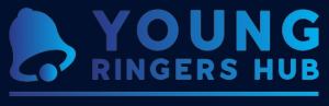 Young Ringers Hub logo with bell, fades of dark blue against a black backround