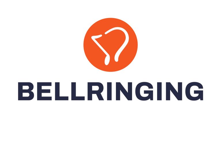 Belllringing Logo, while bell motif made up with a note and an ear against an orange background